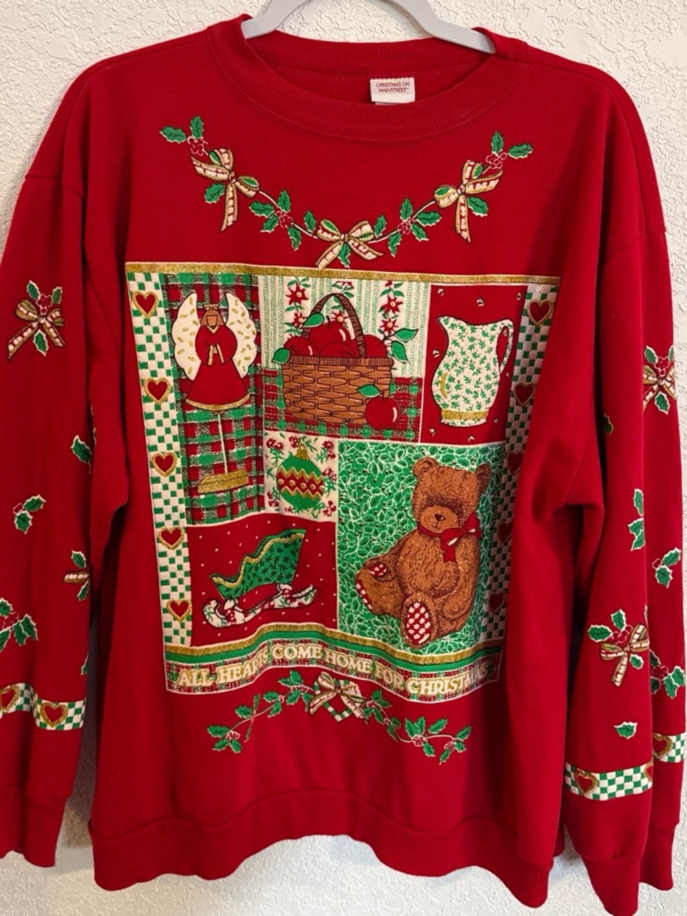 Red Women's Holiday Teddy Patch Crewneck Sweater